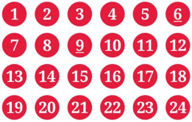 Schmucketikett Adventskalender rot/weiß - Bogen mit Ziffer 1-24 - Durchmesser: 15mm Stück